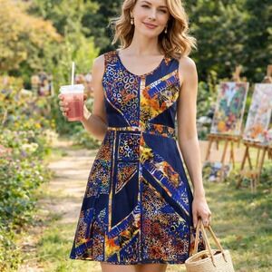 Aventures des Toiles Womens Sleeveless Dress EU 38 Blue Abstract Print Art Midi